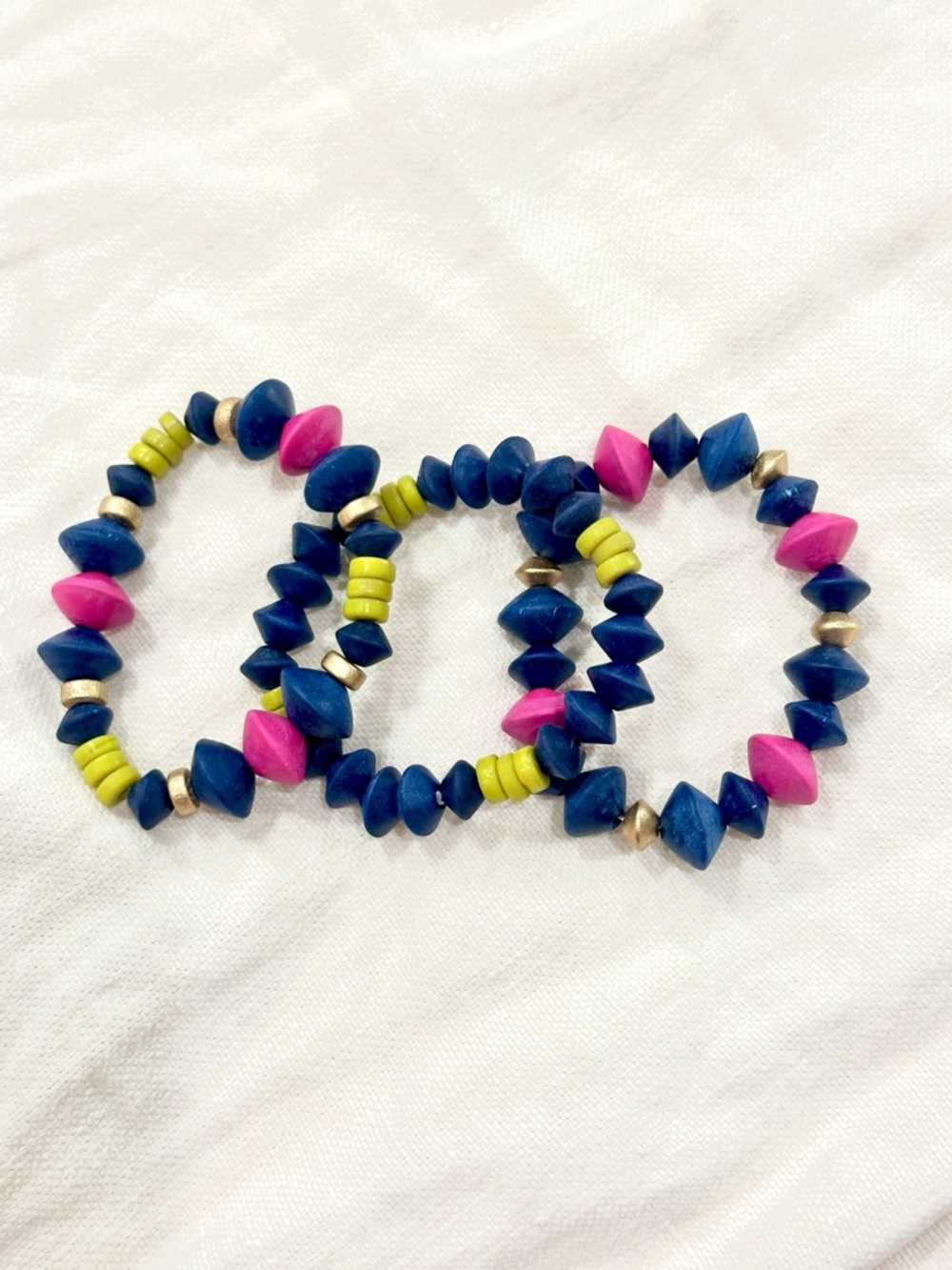 Colorful Navy, Pink & Lime Beaded Stretch Bracelets - Set of 3
